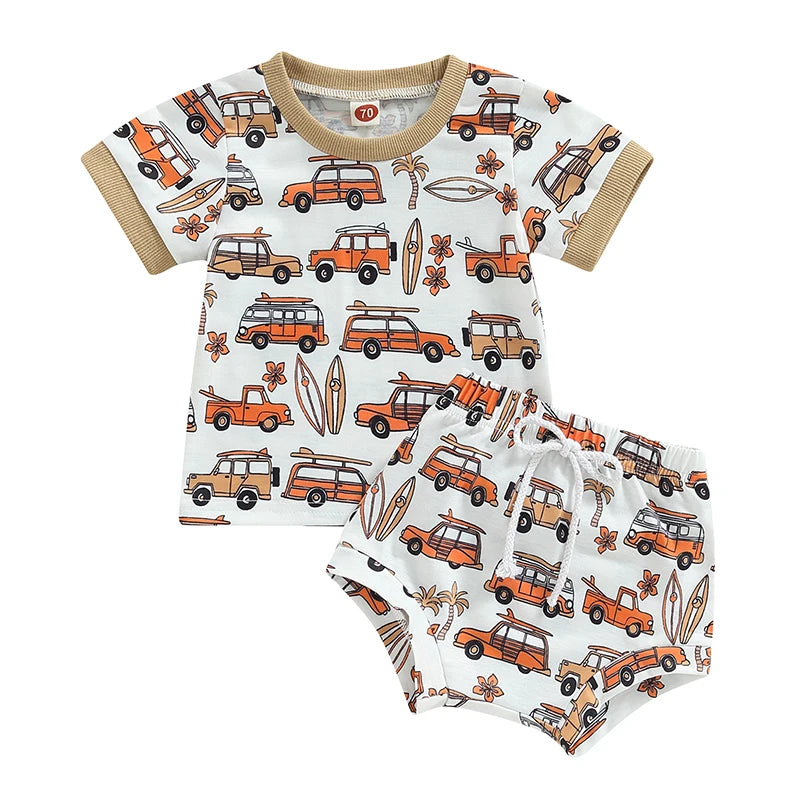 0-3Years Toddler Baby Boys 2Pcs Summer Outfits Short Sleeve Truck Print T-Shirt Knot Front Shorts Set
