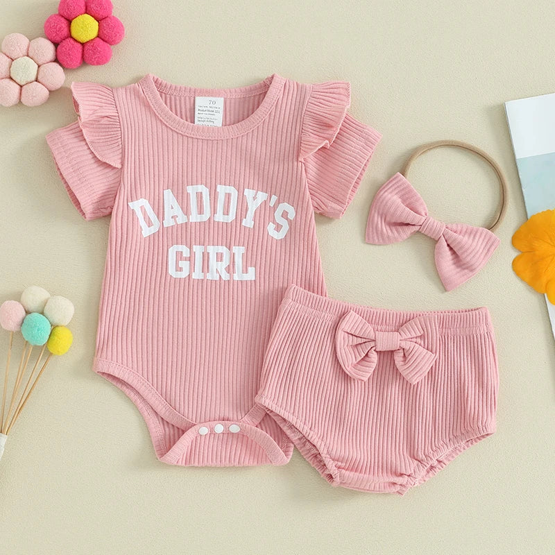 Baby Girls Summer Outfits Letter Print Ribbed Short Sleeve Romper and Shorts Cute Headband 3 Piece Clothes