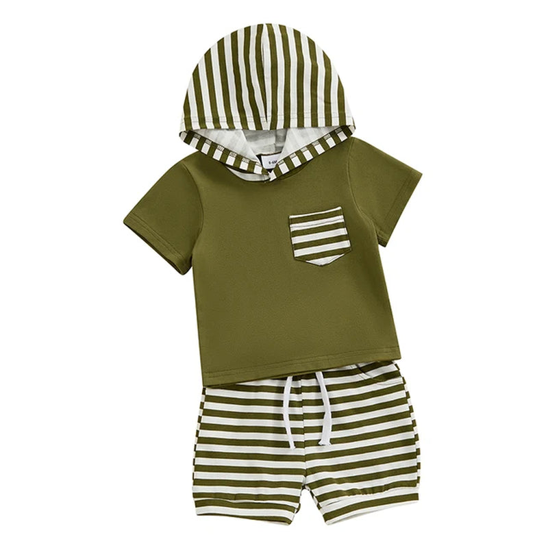 Toddler Baby Boy Summer Clothes Hoodie Short Sleeve Sweatshirt Tops Striped Shorts Set 2Pcs Kids Casual Outfits