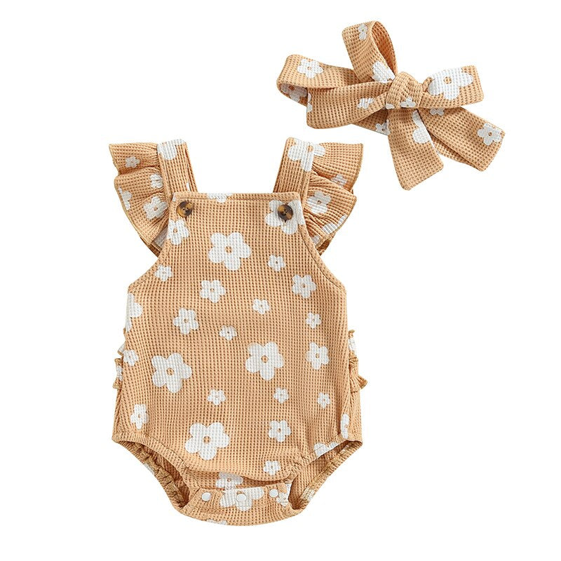  0-18M Infant Baby Girl Suspender Jumpsuit Set Floral Print Ruffled Flying Sleeve Bodysuit Headband