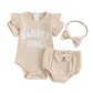 Baby Girls Summer Outfits Letter Print Ribbed Short Sleeve Romper and Shorts Cute Headband 3 Piece Clothes