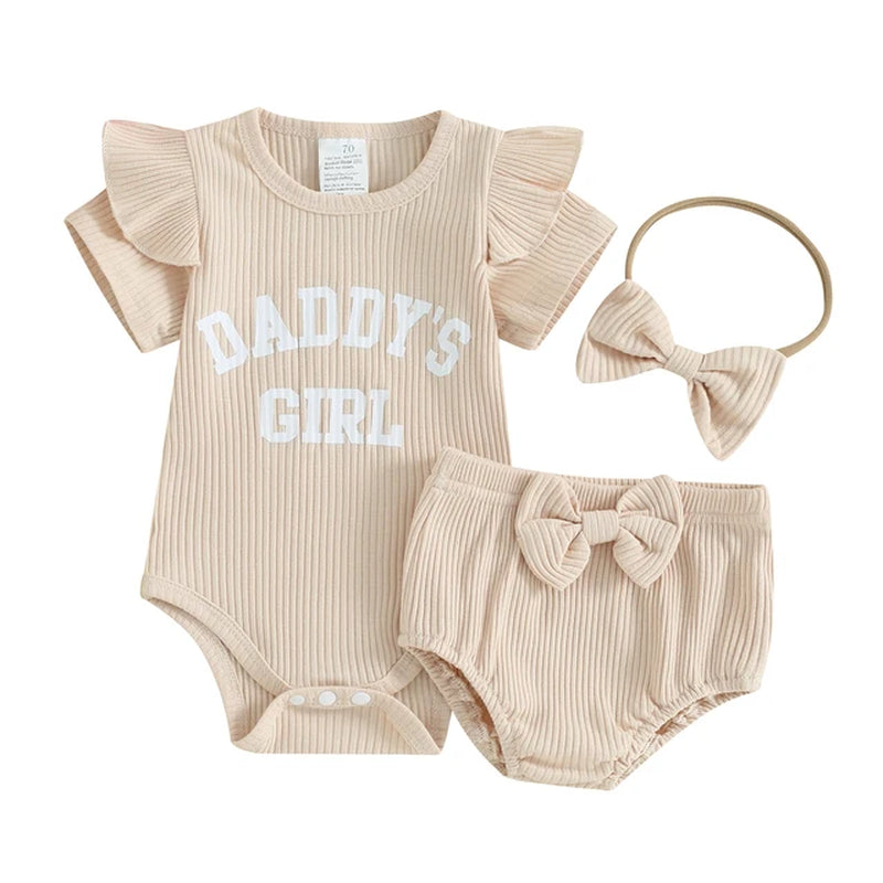 Baby Girls Summer Outfits Letter Print Ribbed Short Sleeve Romper and Shorts Cute Headband 3 Piece Clothes