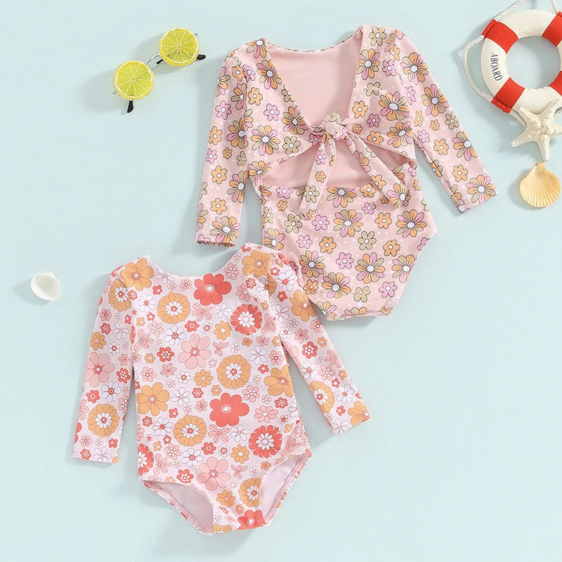 Kids Girls Bikini Long Sleeve Swimsuit Backless Tie-Up Flower Print Swimwear for Summer Beach