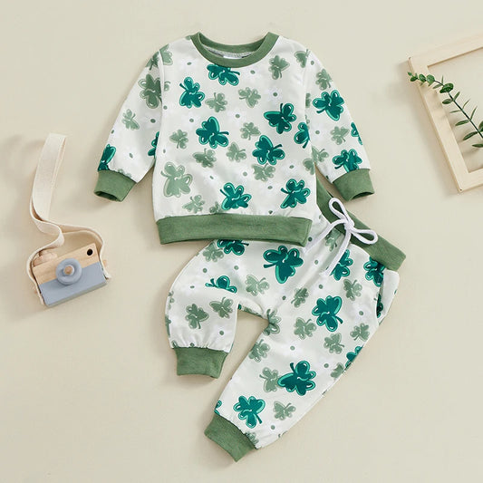 Toddler Girls Ireland Festival Outfits Shamrock Print Long Sleeve Sweatshirts and Long Pants Clothes Set