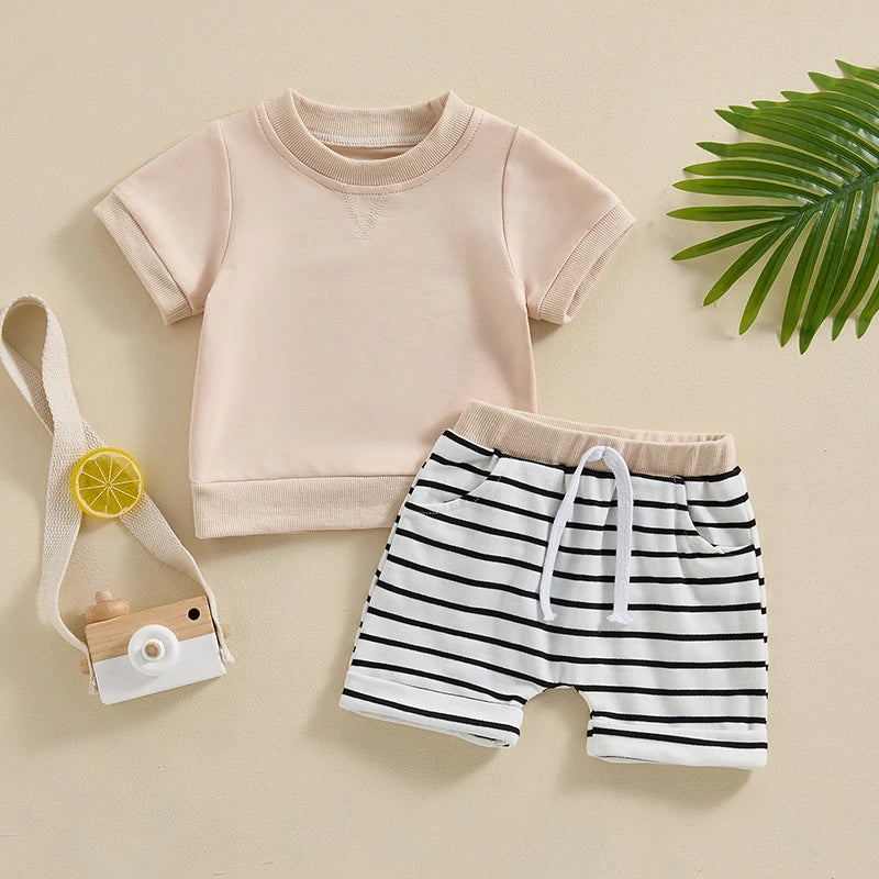   0-3Y Toddler Baby Boys Shorts Set, Short Sleeve Crew Neck T-Shirt with Striped Shorts Summer Outfit 2023 04 2022