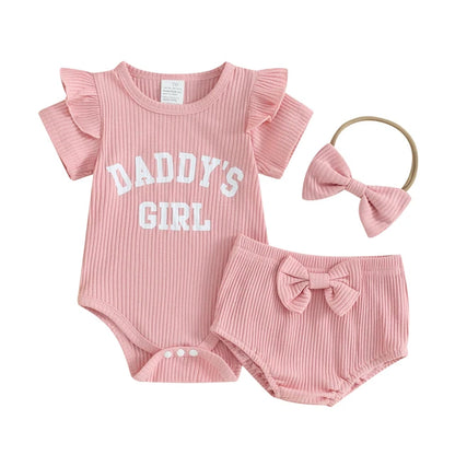 Baby Girls Summer Outfits Letter Print Ribbed Short Sleeve Romper and Shorts Cute Headband 3 Piece Clothes