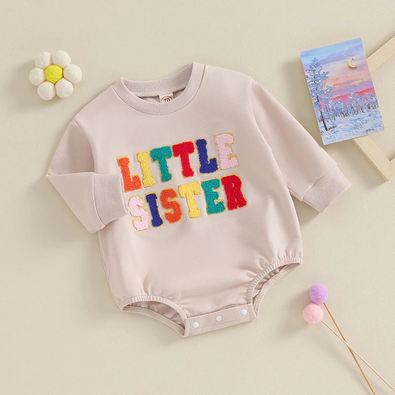 Newborn Baby Girls Romper Sister Matching Letter Print Long Sleeve Jumpsuits Sweatshirt Clothes