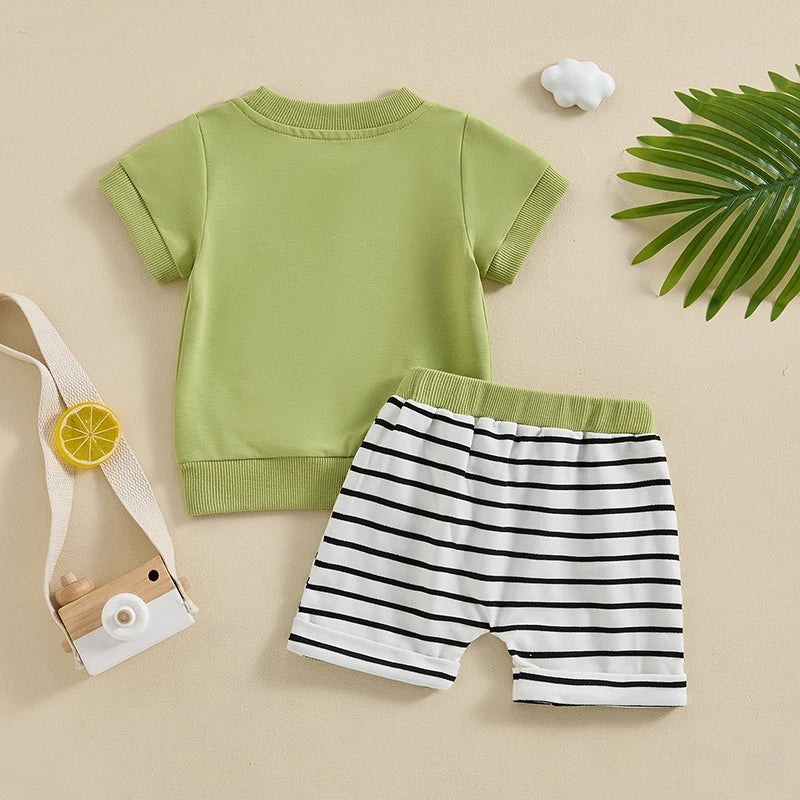   0-3Y Toddler Baby Boys Shorts Set, Short Sleeve Crew Neck T-Shirt with Striped Shorts Summer Outfit 2023 04 2022