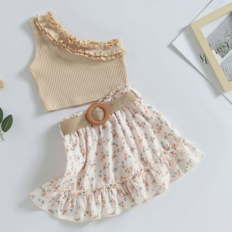  Toddler Baby Girl Summer Outfit One Shoulder Ribbed Tank Tops Ruffle Floral Skirt with Belt Set