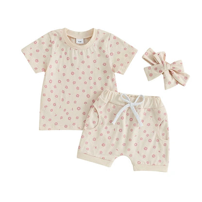 Toddler Baby Girls Clothes Sets Floral Print Short Sleeve T-Shirtswith Shorts and Hairband Summer Outfit