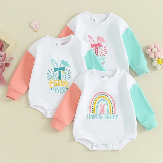 Baby Boy Girl Easter Clothes Bunny Long Sleeve Sweatshirt Bodysuit Oversized O-Neck Jumpsuit Outfit