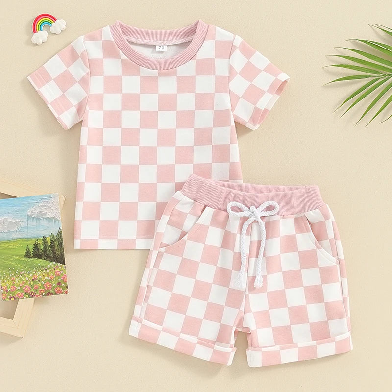 2023-12-19  0-3Y Toddler Baby Girl Summer Short Outfit Checkered Plaid Short Sleeve T-Shirt Drawstring Shorts Set