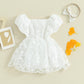 Baby Girls Rompers Dress Flower Embroidered Puff Sleeve Layered Tulle Playsuit Hem Jumpsuit+Headband