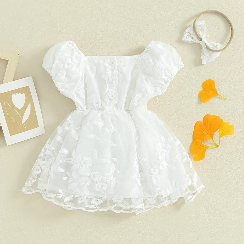 Baby Girls Rompers Dress Flower Embroidered Puff Sleeve Layered Tulle Playsuit Hem Jumpsuit+Headband