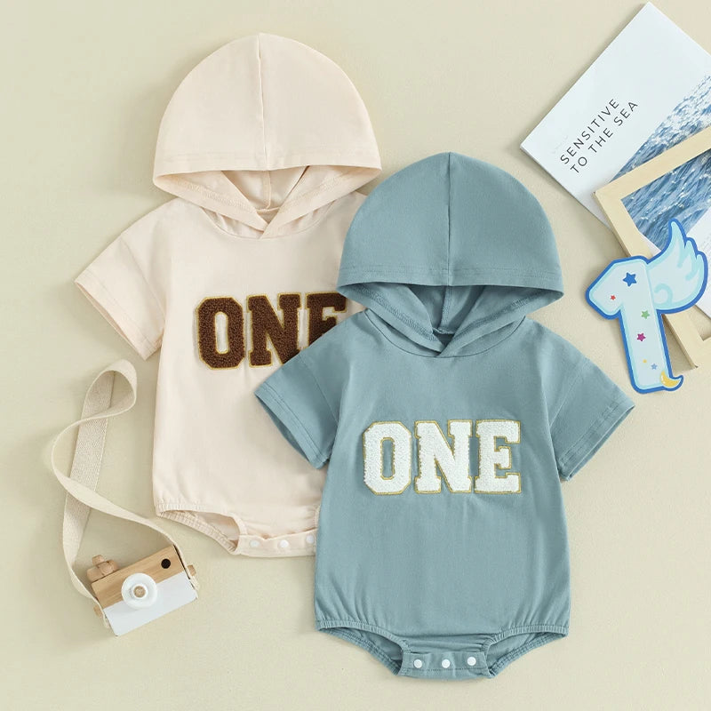  6-18M Infant Baby Boys Summer Hooded Romper Short Sleeve One Letter Embroidery Casual Jumpsuits