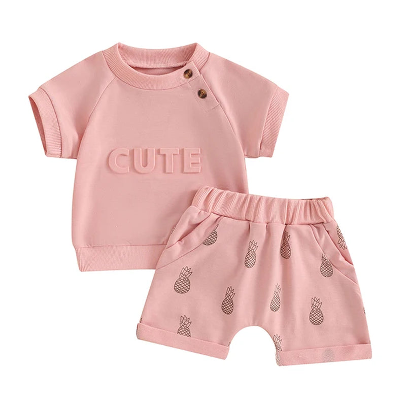 Toddler Boy Girl Summer Shorts Set Letter Pattern Short Sleeve T-Shirt with Pineapple Pattern Short Outfit