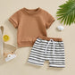   0-3Y Toddler Baby Boys Shorts Set, Short Sleeve Crew Neck T-Shirt with Striped Shorts Summer Outfit 2023 04 2022