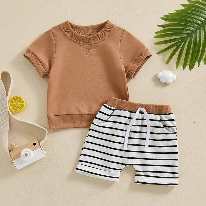   0-3Y Toddler Baby Boys Shorts Set, Short Sleeve Crew Neck T-Shirt with Striped Shorts Summer Outfit 2023 04 2022