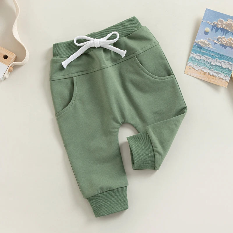  0-3Years Toddler Baby Boys Sweatpants Elastic Waist Drawstring Solid Fall Trousers Pockets Casual Clothes