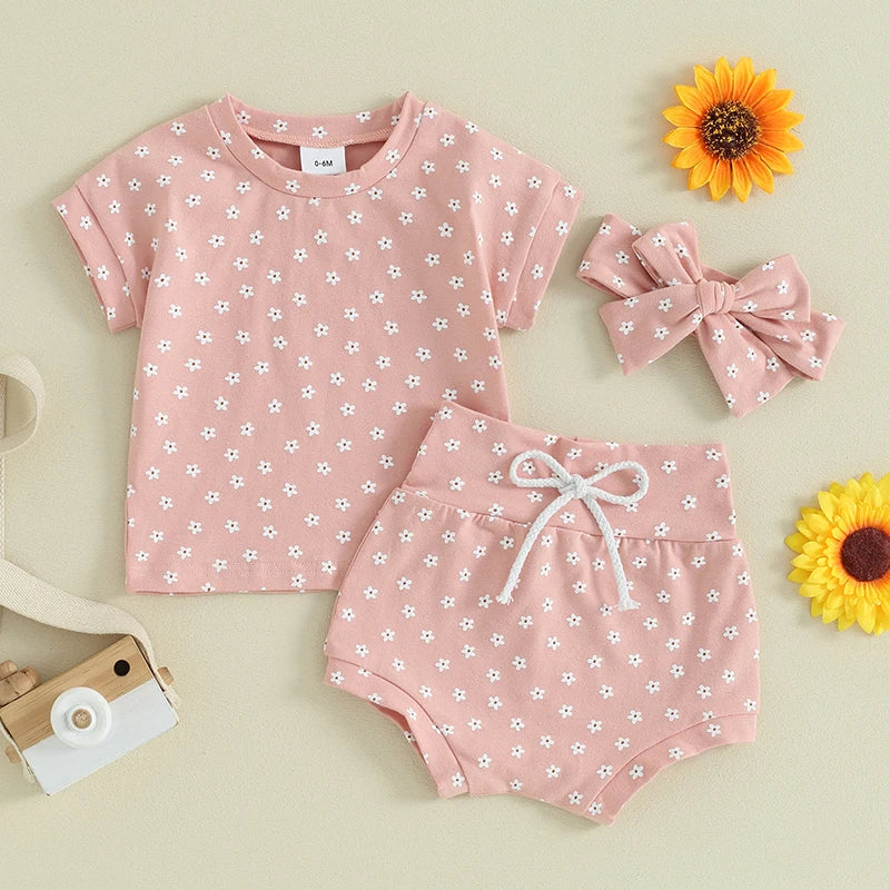 Newborn Baby Girl Clothing Sets Kids Cotton Floral Print Short Sleeve Pullover T-Shirts+High Waist Shorts+Headwear