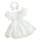 Baby Girls Rompers Dress Flower Embroidered Puff Sleeve Layered Tulle Playsuit Hem Jumpsuit+Headband