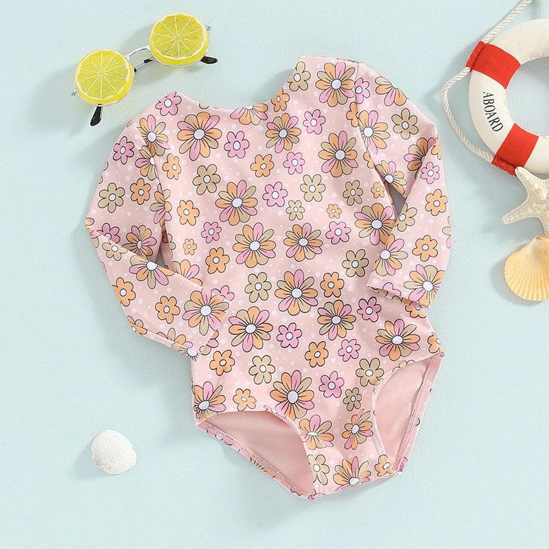 Kids Girls Bikini Long Sleeve Swimsuit Backless Tie-Up Flower Print Swimwear for Summer Beach