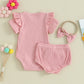 Baby Girls Summer Outfits Letter Print Ribbed Short Sleeve Romper and Shorts Cute Headband 3 Piece Clothes