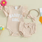 Baby Girls Summer Outfits Letter Print Ribbed Short Sleeve Romper and Shorts Cute Headband 3 Piece Clothes