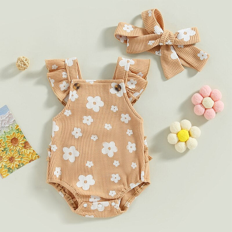  0-18M Infant Baby Girl Suspender Jumpsuit Set Floral Print Ruffled Flying Sleeve Bodysuit Headband