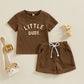 Toddler Baby Boy Summer Clothes Fuzzy Letter Waffle Short Sleeve T-Shirts Tops Elastic Waist Shorts Set Outfit