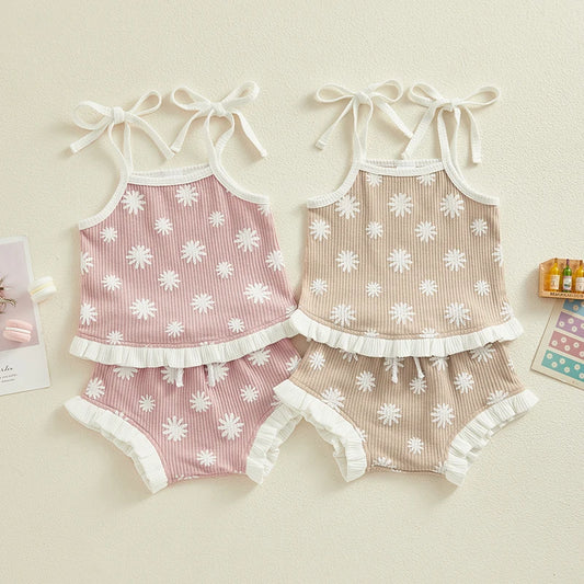 0-18M Newborn Baby Girl Clothes Set Waffle Floral Tops+Ruffles Shorts Infant Girl Clothing Outfits