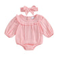 3M-18M Baby Girl Fall Outfits Long Sleeve Solid Color Ruffle Romper with Headband Set Infant Clothes
