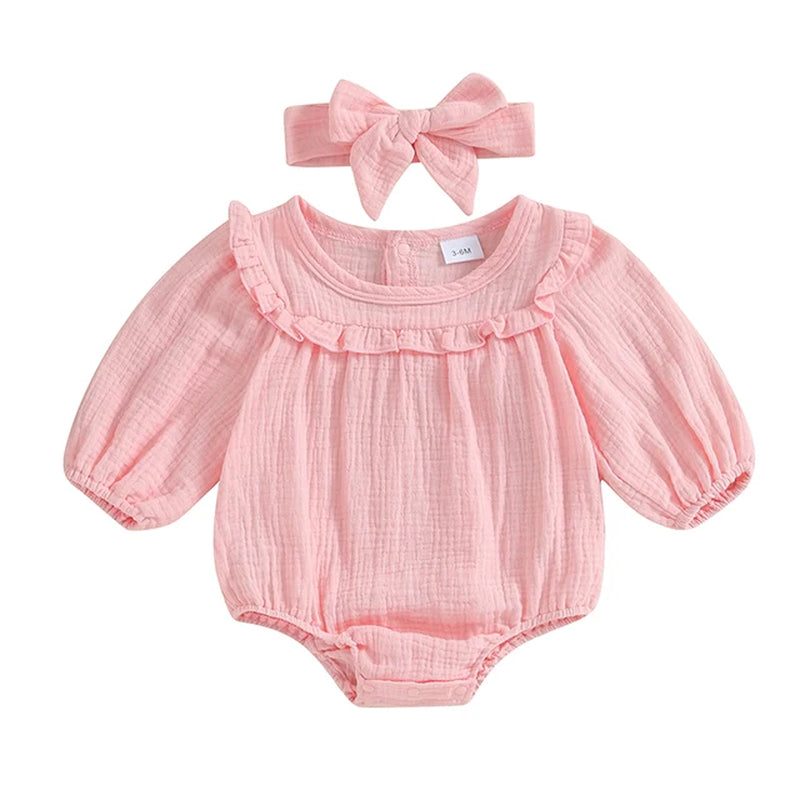 3M-18M Baby Girl Fall Outfits Long Sleeve Solid Color Ruffle Romper with Headband Set Infant Clothes