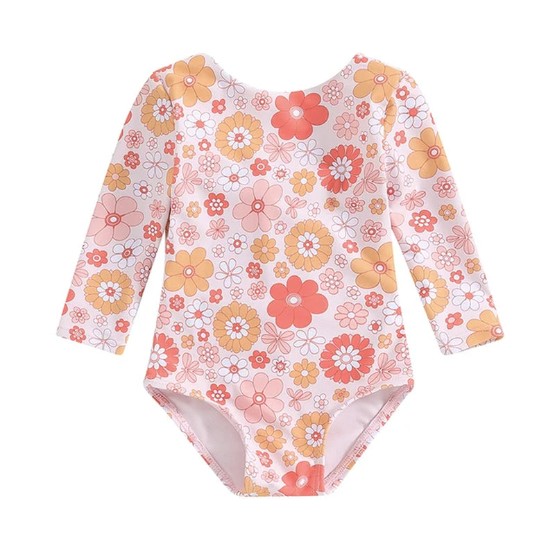 Kids Girls Bikini Long Sleeve Swimsuit Backless Tie-Up Flower Print Swimwear for Summer Beach