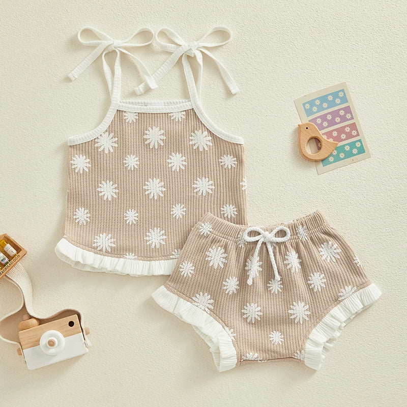 0-18M Newborn Baby Girl Clothes Set Waffle Floral Tops+Ruffles Shorts Infant Girl Clothing Outfits