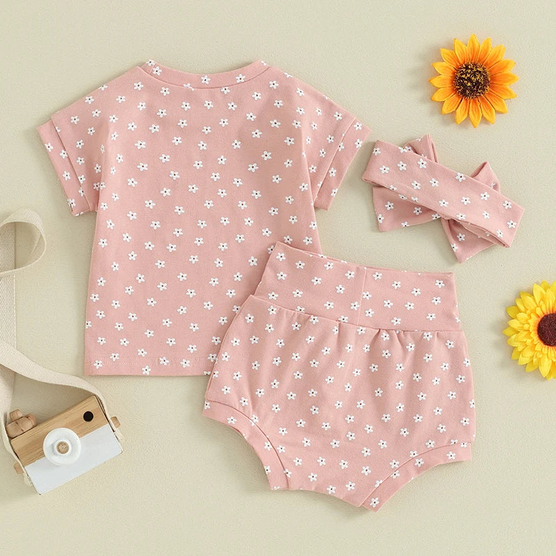 Newborn Baby Girl Clothing Sets Kids Cotton Floral Print Short Sleeve Pullover T-Shirts+High Waist Shorts+Headwear