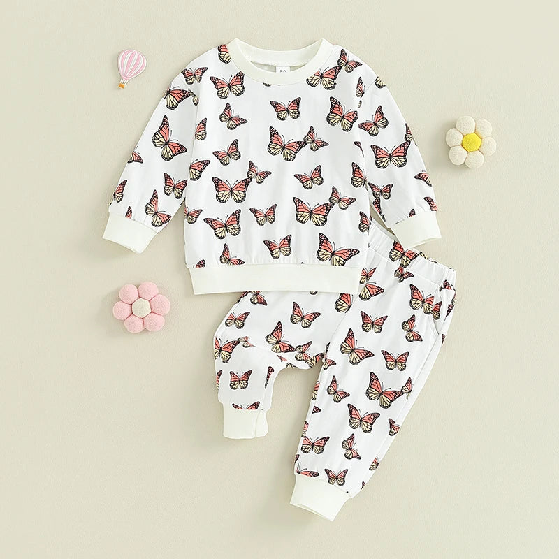 0-24M Toddler Girls Outfit Butterfly Print Long Sleeve Sweatshirt Elastic Pants 2PCS Baby Fall Clothes