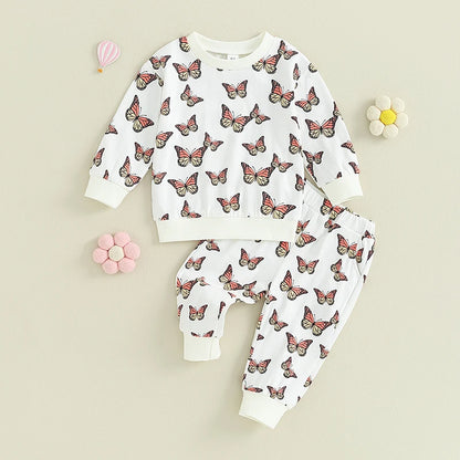 0-24M Toddler Girls Outfit Butterfly Print Long Sleeve Sweatshirt Elastic Pants 2PCS Baby Fall Clothes