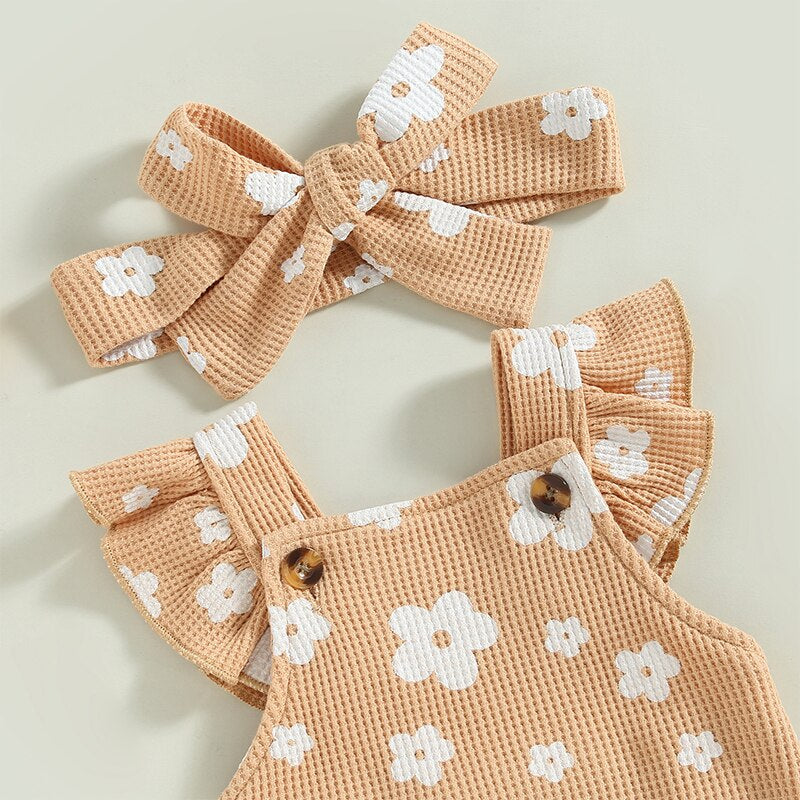  0-18M Infant Baby Girl Suspender Jumpsuit Set Floral Print Ruffled Flying Sleeve Bodysuit Headband