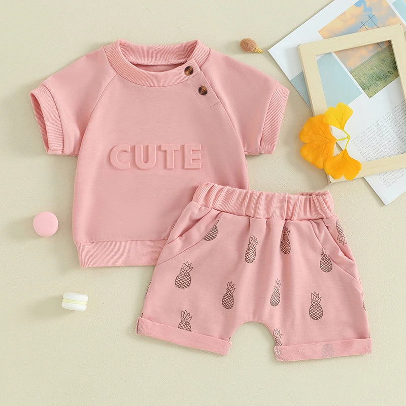 Toddler Boy Girl Summer Shorts Set Letter Pattern Short Sleeve T-Shirt with Pineapple Pattern Short Outfit