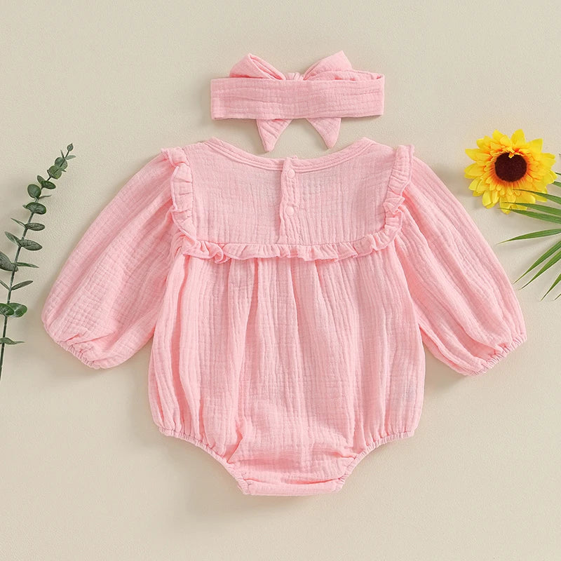 3M-18M Baby Girl Fall Outfits Long Sleeve Solid Color Ruffle Romper with Headband Set Infant Clothes