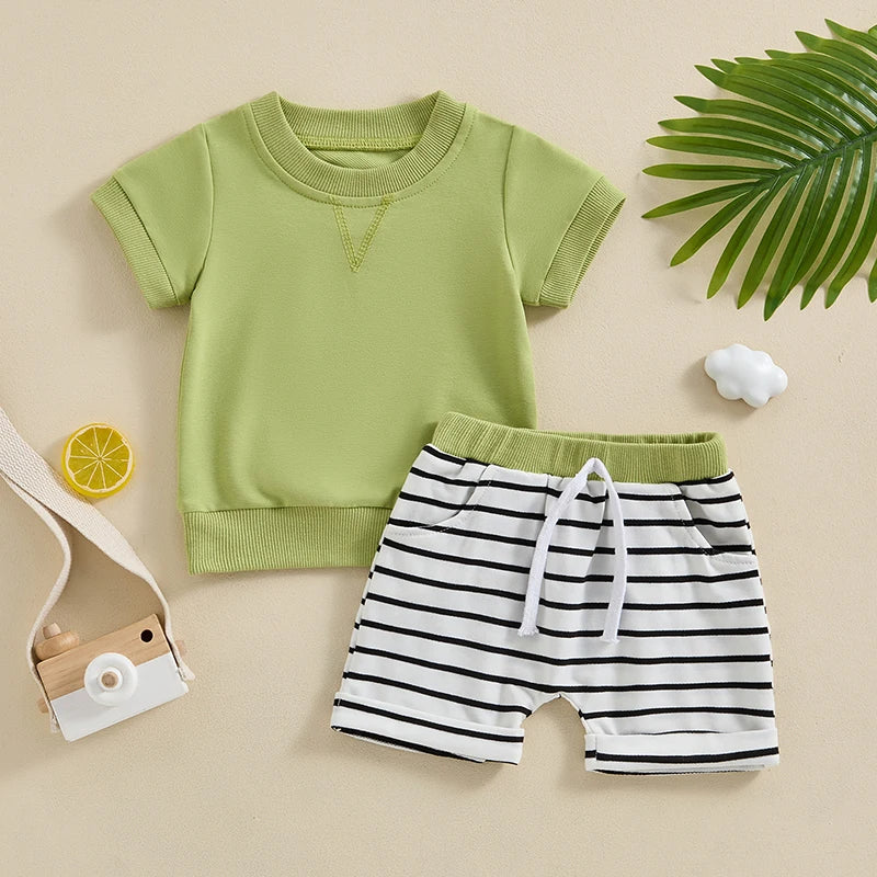   0-3Y Toddler Baby Boys Shorts Set, Short Sleeve Crew Neck T-Shirt with Striped Shorts Summer Outfit 2023 04 2022