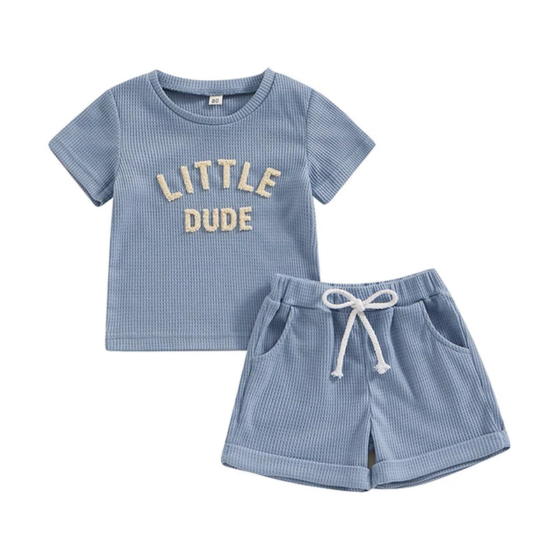 Toddler Baby Boy Summer Clothes Fuzzy Letter Waffle Short Sleeve T-Shirts Tops Elastic Waist Shorts Set Outfit