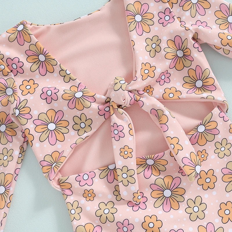 Kids Girls Bikini Long Sleeve Swimsuit Backless Tie-Up Flower Print Swimwear for Summer Beach