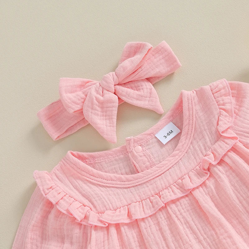 3M-18M Baby Girl Fall Outfits Long Sleeve Solid Color Ruffle Romper with Headband Set Infant Clothes