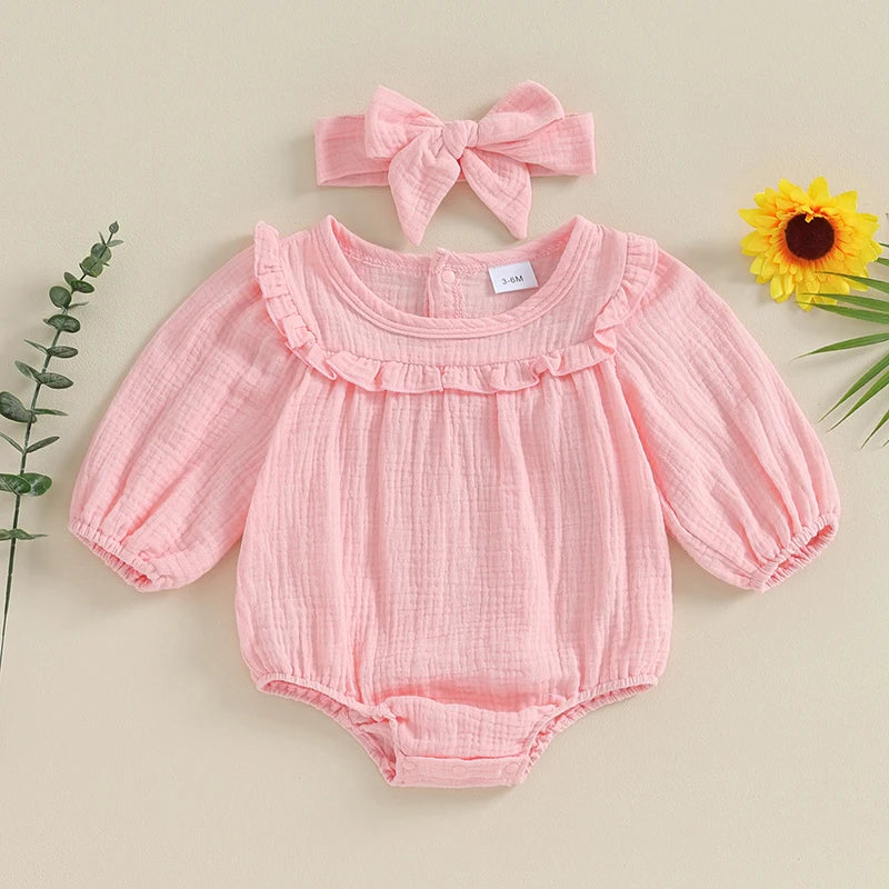 3M-18M Baby Girl Fall Outfits Long Sleeve Solid Color Ruffle Romper with Headband Set Infant Clothes
