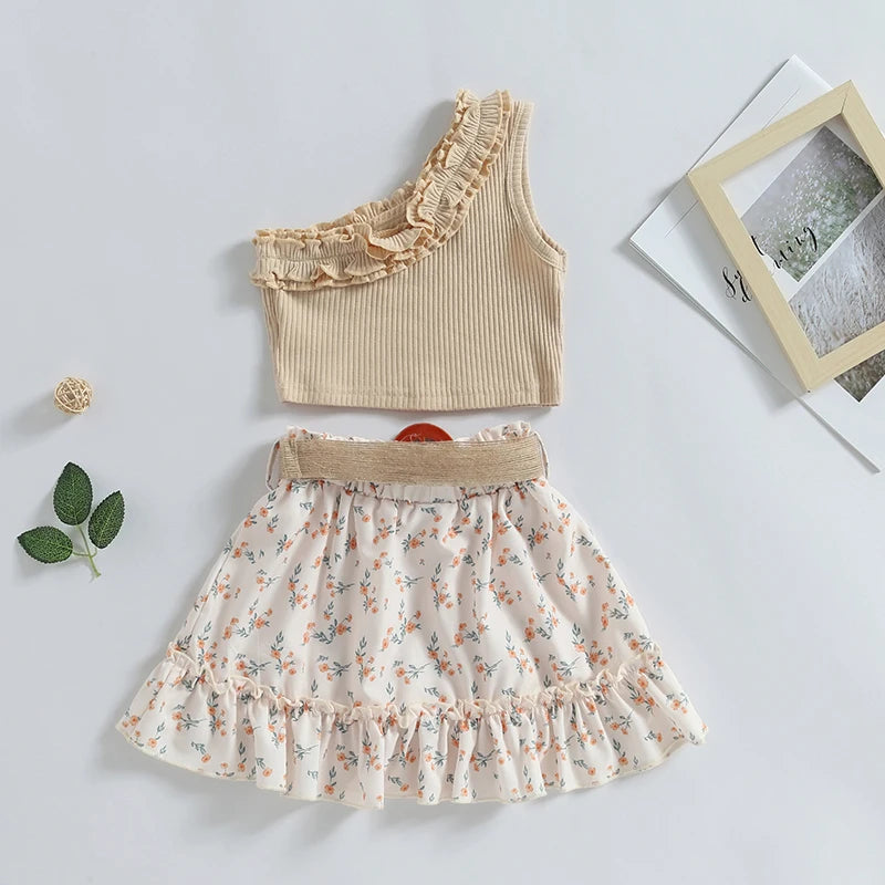  Toddler Baby Girl Summer Outfit One Shoulder Ribbed Tank Tops Ruffle Floral Skirt with Belt Set