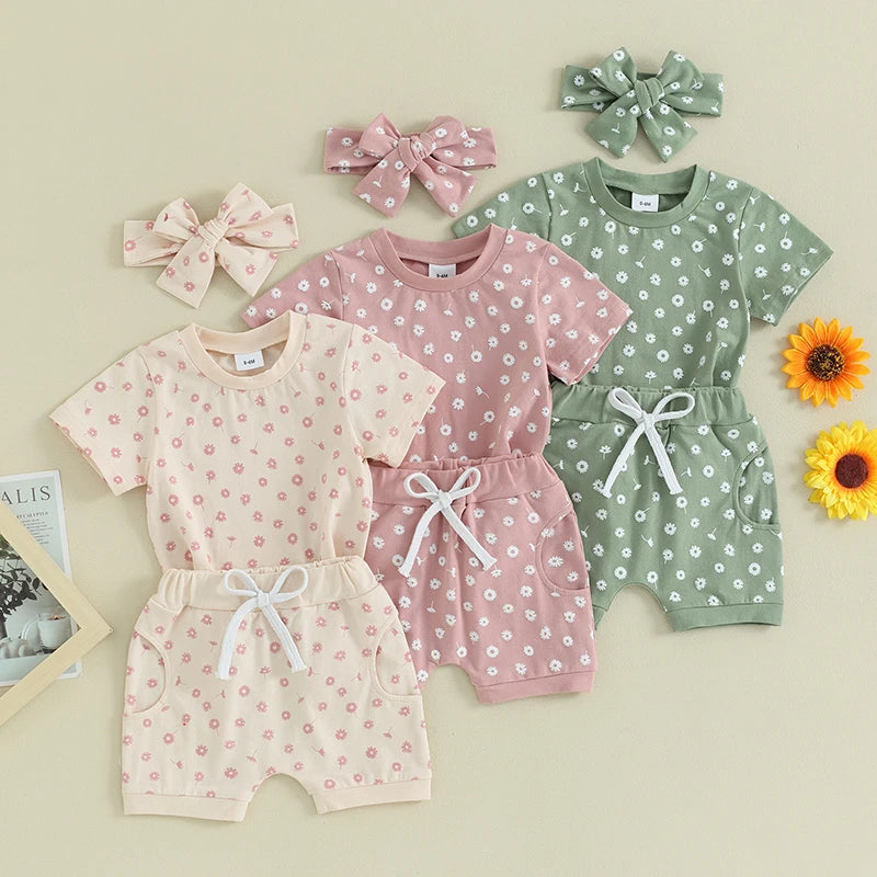 Toddler Baby Girls Clothes Sets Floral Print Short Sleeve T-Shirtswith Shorts and Hairband Summer Outfit