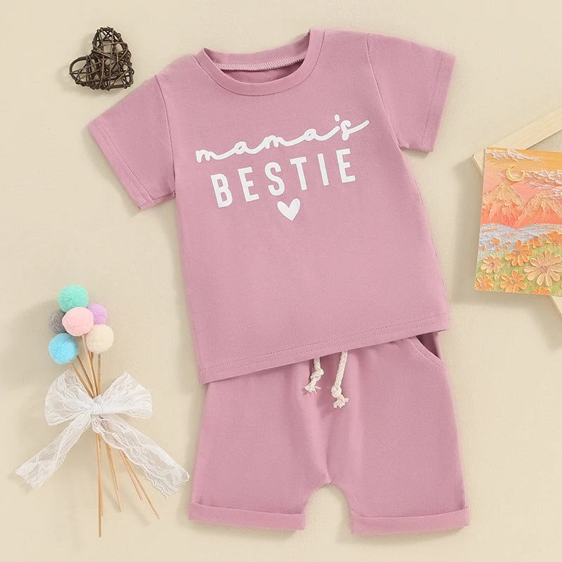  0-4Y Toddler Kids Girl Summer Clothes Set Outfit Heart Letter Print Short Sleeve T-Shirts Tops Shorts 2Pcs