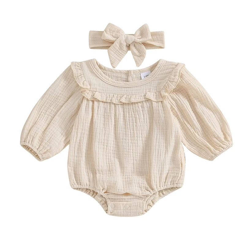3M-18M Baby Girl Fall Outfits Long Sleeve Solid Color Ruffle Romper with Headband Set Infant Clothes